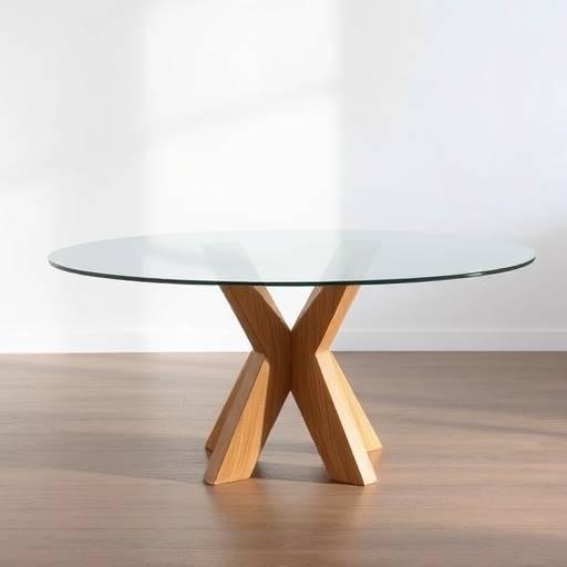 Mesa de jantar com tampo de vidro e base de madeira